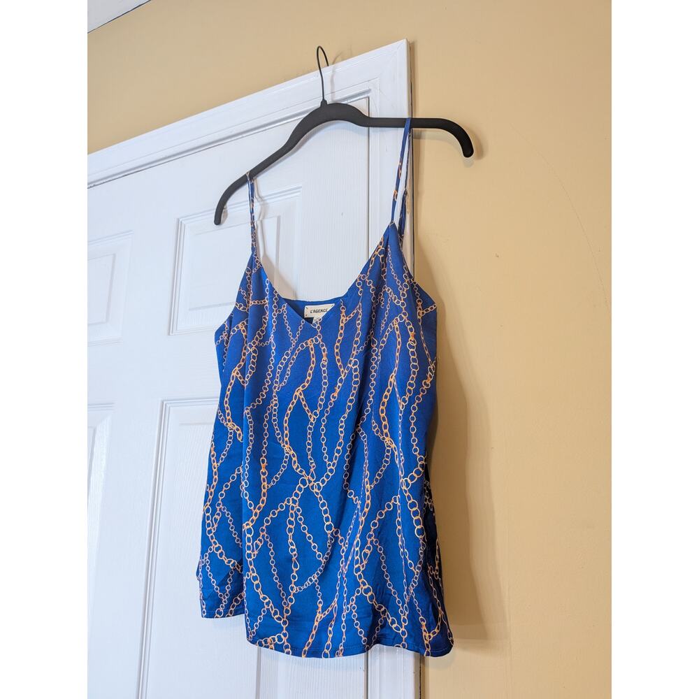 L’AGENCE Blue Silk Chain Print Camisole Top Size Medium Luxury Tank Top - Picture 2 of 7